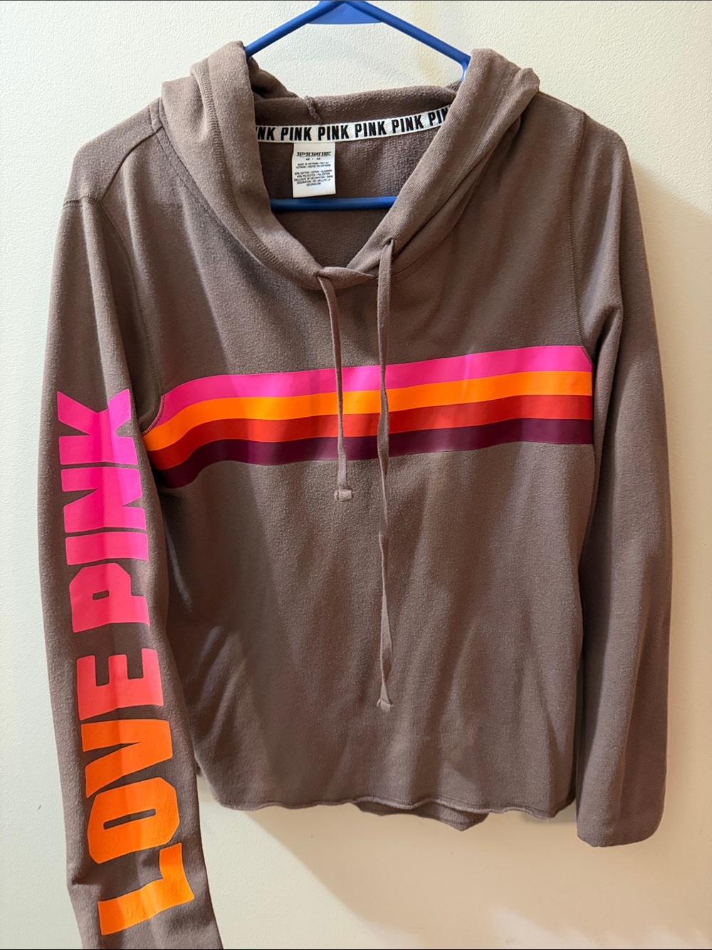 PINK Victoria's Secret Brown Hoodie with Pink, Orange & Burgundy Stripes